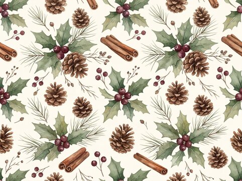 Watercolor Christmas Seamless Pattern - Holly Berries, Pine Cones, Cinnamon Sticks and Pine Needles on Cream Background