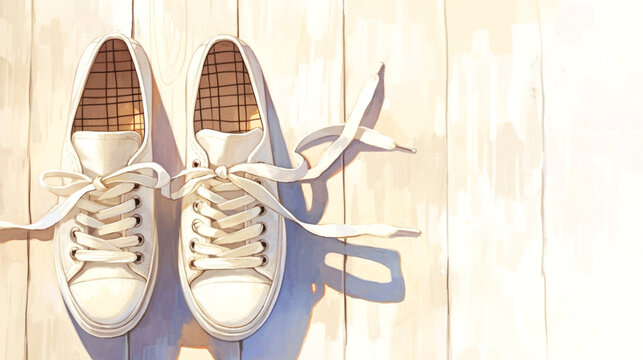 Pair of cream canvas sneakers with long untied laces casting shadows on a pale wooden surface, viewed from above in a stylized digital illustration