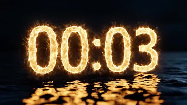 Glowing fire numbers 00:07 reflecting on dark water surface.