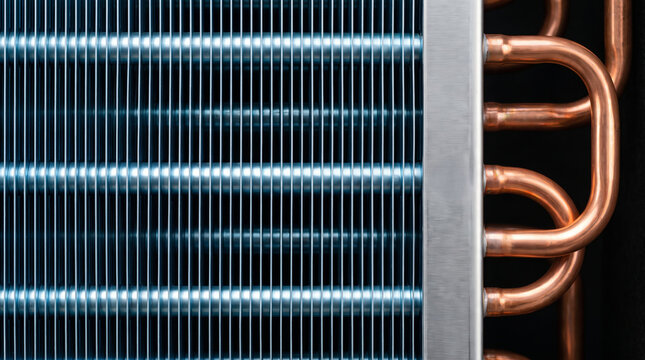 Copper cooling pipe heat exchanger fin coil metal macro industrial detail. Industrial mechanical plumbing system, heating ventilation air conditioning refrigeration