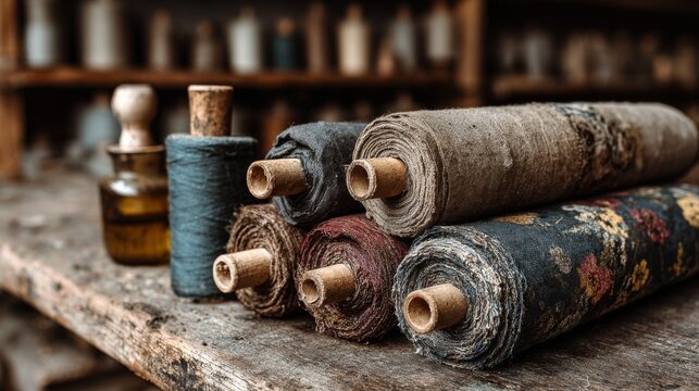Vintage fabric rolls and thread spools rest on a wooden surface with a blurred shelf background.