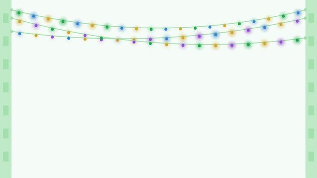 Animated festive street garland across lights running in a minimal flat vector style, green and emerald on a light background. Smooth 4K seamless loop with calm motion and plenty of empty space for te