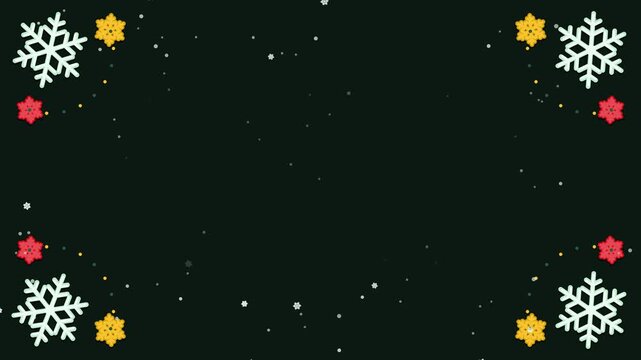 Seamless 4K looping winter holiday animation: snowflake corner frame spinning slowly. Flat vector shapes in green and emerald on a dark background with generous copy space for your own greeting or tit
