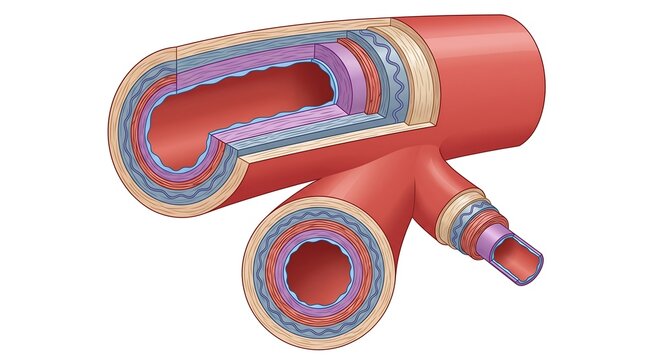 Anatomical illustration of human blood vessels showing arterial branching and wall structure.