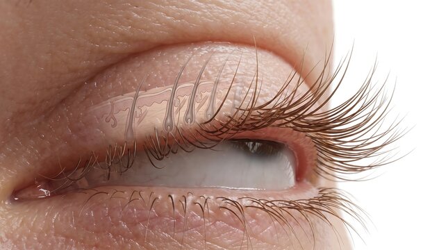 Close up of a human eye with long natural eyelashes.