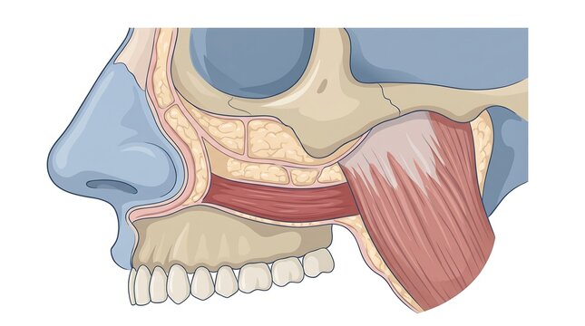 Anatomical illustration of human facial muscles and skull structure.