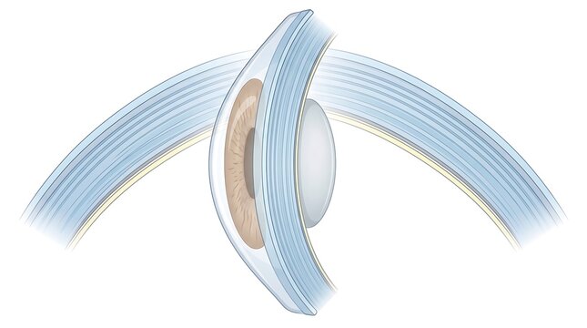 Medical illustration of a human eye cross section showing cornea and lens.