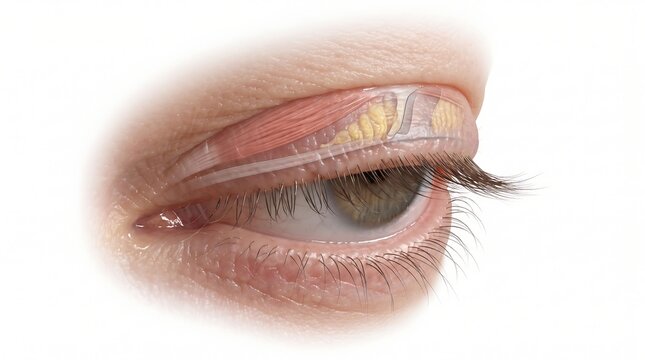 Close up of a human eye with eyelid inflammation and skin irritation.