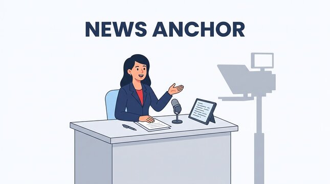 News anchor woman sitting at studio desk with microphone and tablet vector graphic concept