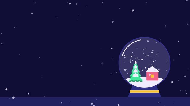 Seamless 4K looping winter holiday animation: snow globe dome swirling inside. Flat vector shapes in deep blue on a dark background with generous copy space for your own greeting or title. Horizontal 