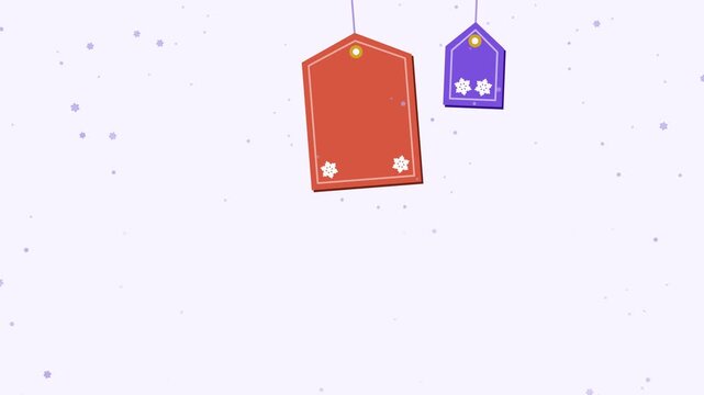 Animated festive winter sale tag swinging gently in a minimal flat vector style, red and pink on a light background. Smooth 4K seamless loop with calm motion and plenty of empty space for text. Widesc