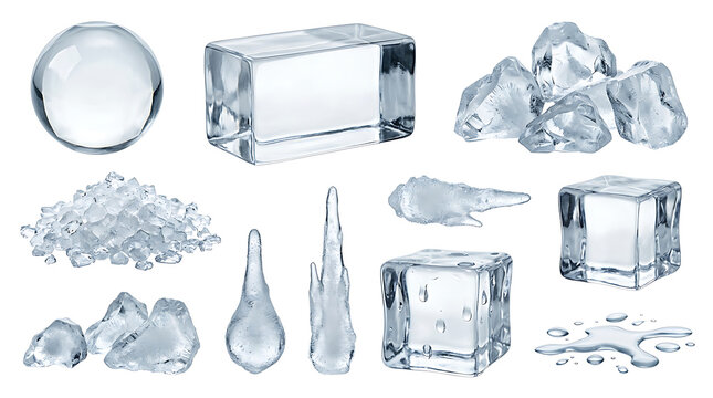 Set of clear ice cubes and crushed ice fragments for cooling drinks and cocktails in a refreshing summer beverage theme featuring realistic frozen water shapes and textures