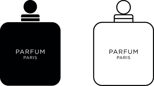 Minimalist luxury perfume bottle icon set vector illustration featuring silhouette and line art styles for cosmetic branding