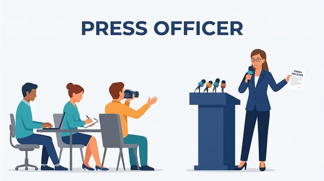 Press officer holding press release and microphone at podium with journalists taking notes vector illustration