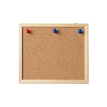 Blank cork board in light wood frame with push pins