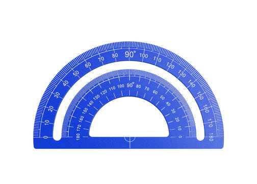 Blue plastic protractor tool measurement geometry math school drawing.