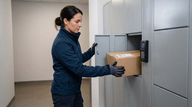 Woman placing parcel in locker