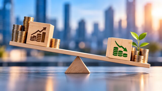 Financial Balance Concept Showing Wooden Seesaw with Rising Expenses and Decreasing Savings Against a Blurred Cityscape, Illustrating Inflation Impact and Economic Pressure on Wealth Management