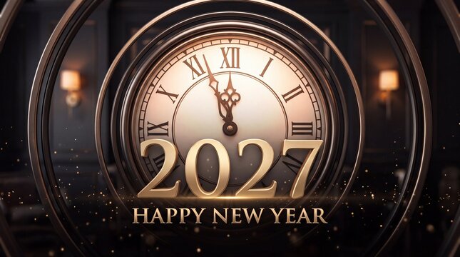 A festive golden 2027 text design set against a dark clock background to celebrate the upcoming happy new year holiday season