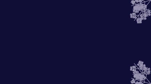 Animated festive frost pattern corners growing branches in a minimal flat vector style, deep blue on a dark background. Smooth 4K seamless loop with calm motion and plenty of empty space for text. Wid