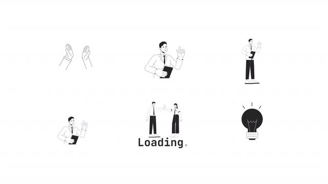 Business idea and high five gesture black and white line animation pack. Office workers celebration loading. Professionals raising hands animated outline 4K video set on transparent background