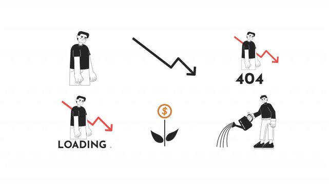 Financial downturn loading and 404 error black and white line animation pack. Investor watering money plant. Discouraged entrepreneur animated outline 4K video set on transparent background