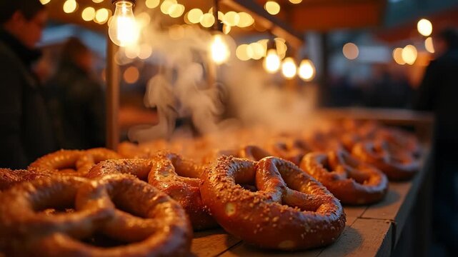 Artisan pretzels and roasted chestnuts steaming at market stall, warm string lights, editorial