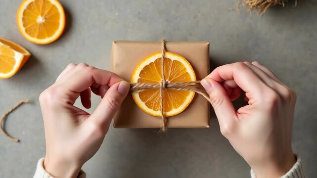 Hands tying twine bow on kraft paper gift with dried orange slice, rustic minimalist flat lay