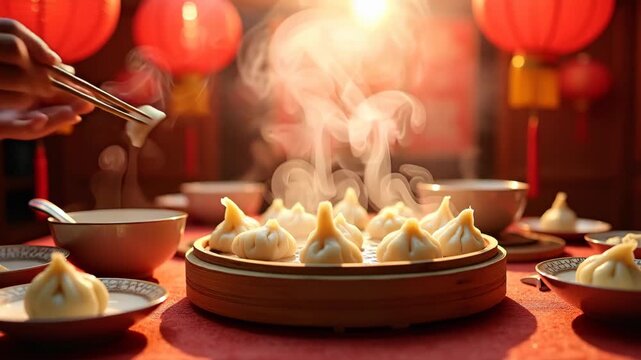 Dongzhi Festival dumplings steaming on family table, red lanterns, Chinese solstice tradition