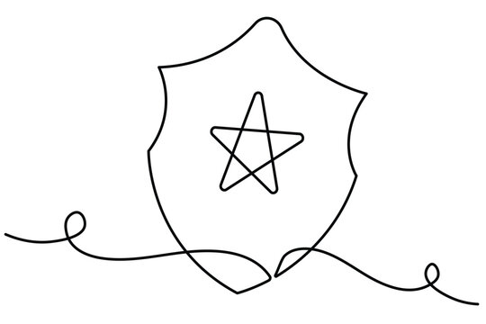 Shield continuous one line art featuring a five pointed star inside a curved shield outline with flowing ornamental lines extending horizontally, rendered as a clean black line drawing.