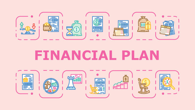 Financial plan banner infographic. Risk retirement, strategy wealth, debt income icon vector illustration