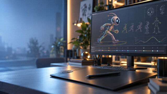 3D animator designing a running robot character on computer monitor. International Animation Day. Digital character animation and motion design. Animation production, creative technology.