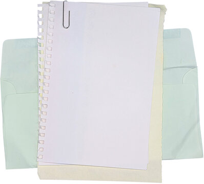 Stack of blank papers with paperclip on open envelope mockup