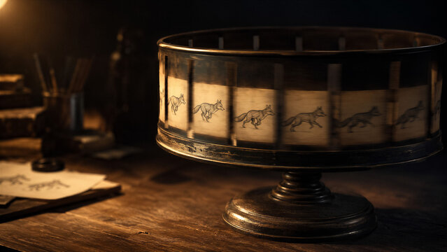 Vintage zoetrope with sequential drawings of a running fox. Early animation device and hand-drawn motion study. International Animation Day, optical illusion and visual storytelling.