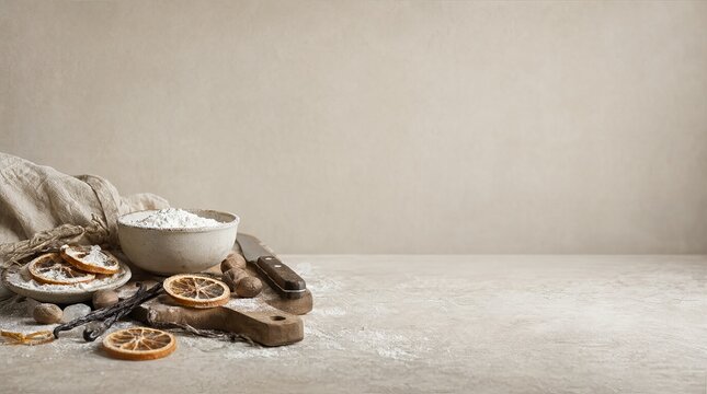 Rustic Christmas Baking Backdrop Flour Bowl Dried Oranges And Nutrients On Wooden Countertop Area.