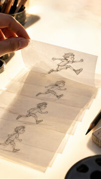Hand holding animation drawings of a cartoon boy running across paper sheets. International Animation Day. Animation studio workflow.