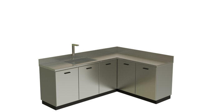 L shaped kitchen countertop with cabinets and sink to be used in social media, marketing and advertisement. 