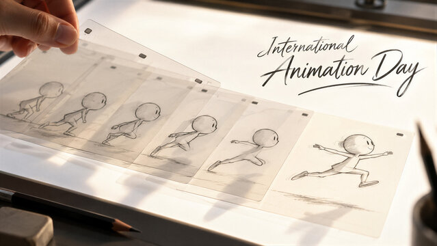 Hand holding animation cels with sequential pencil sketches of a running character. International Animation Day and traditional animation.