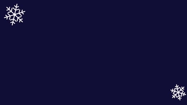 Seamless 4K looping winter holiday animation: flake pair corners slowly turning. Flat vector shapes in deep blue on a dark background with generous copy space for your own greeting or title. Horizonta