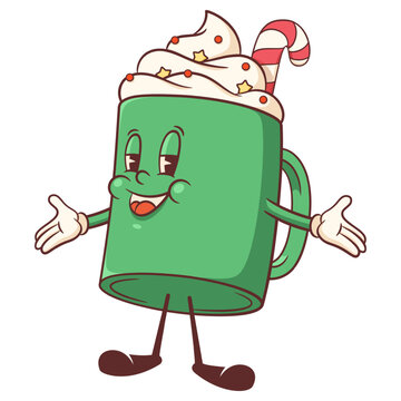 Groovy Christmas Retro Latte Mug Character Illustration. Cartoon Xmas Coffee Drink with Cream and Candy Cane. Vector Winter Holiday Sweets Mascot Template. Happy Celebration Cup Personage Isolated