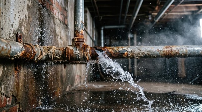 Powerful water jet bursting from cracked rusty pipe in dark old basement with brick walls and splashes. Pipe rupture accident, flooding and emergency repair concept