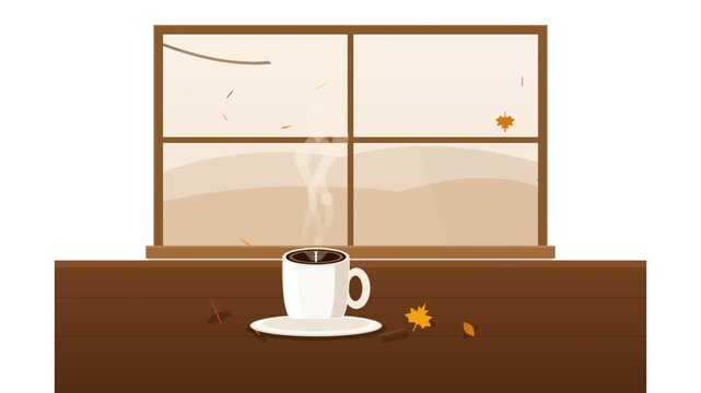Flat vector illustration of a hot steaming white mug on a wooden ledge with falling autumn leaves visible through the window. Ideal for cozy seasonal lifestyle social media content.