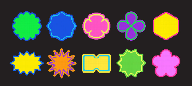 Pixel y2k retro stickers set. Abstract vector icon elements in vaporwave acid style. Geometric 8bit frame shapes in pixel art style. Digital brutalist techno bitmap badge symbols collection. Isolated