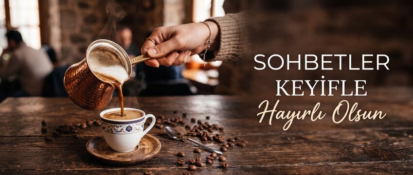 Pouring traditional hot Turkish coffee from a copper pot into a porcelain cup on a rustic wooden table with coffee beans, features Turkish text banner for warm conversation and cultural greetings.
