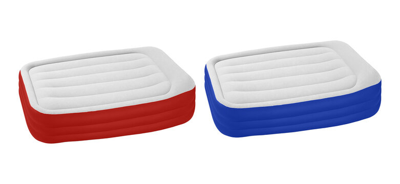 Red and blue inflatable camping air mattresses for comfortable sleep.