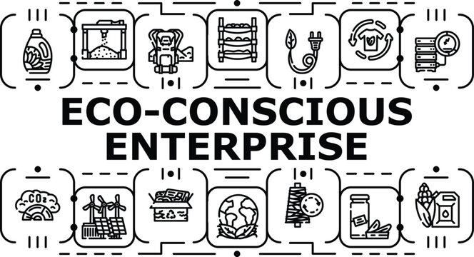 Eco-conscious enterprise banner infographic. Resourceful ethical, innovative compliant, sustainable carbon icon vector illustration