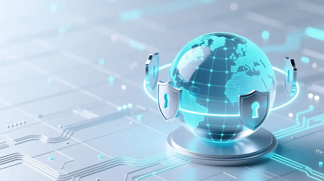 Securing global network systems under Data Privacy Legislation 3D illustration of protected digital globe on futuristic circuit board from side viewpoint