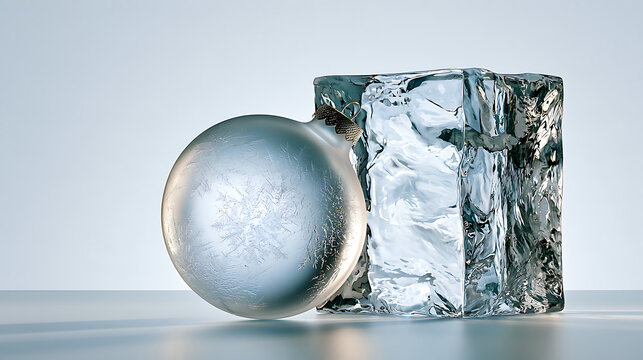 Luxury Christmas still life featuring a frosted silver bauble beside a transparent crystal ice cube, elegant winter composition with icy blue tones, soft lighting and copy space.