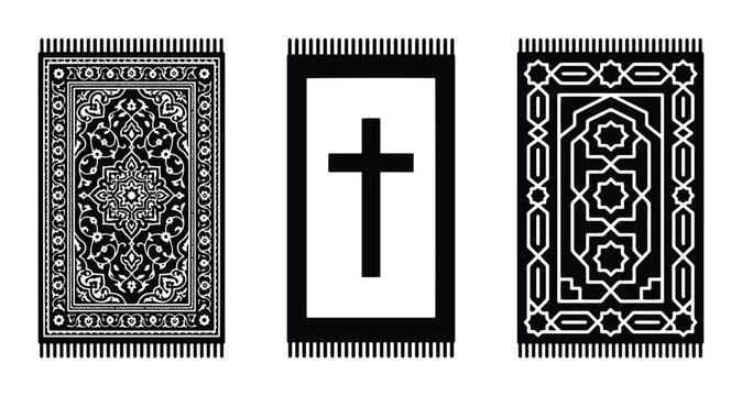 Religious rugs set with Islamic and Christian symbols, prayer mats for worship
