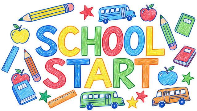 School start lettering with school bus and supplies doodles, isolated on transparent background